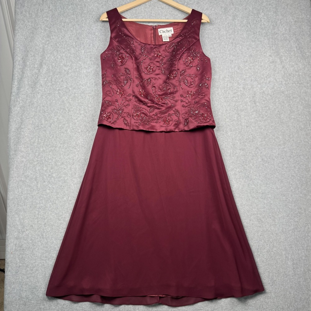 Cachet Evening Gown Womens 10 Burgundy Beaded Cowl Back Chiffon Formal Dress